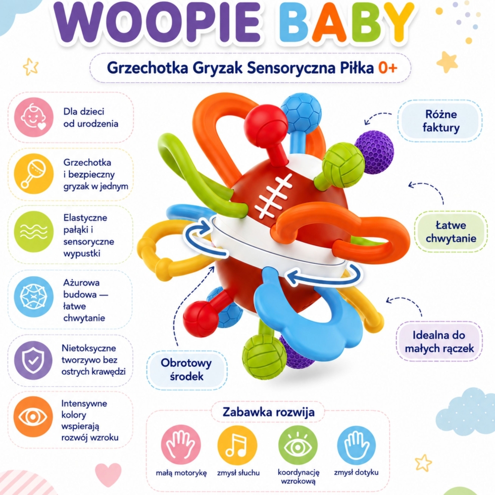 Barškutis-kramtukas WOOPIE BABY – jutiminis kamuoliukas kūdikiams, nuo 0 metų, minkštas-LEKER-e-vaikas