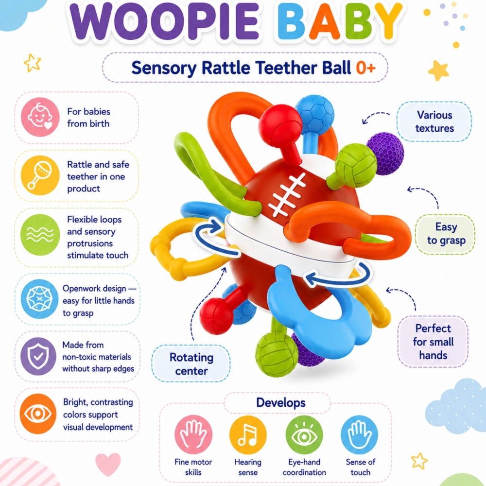 Barškutis-kramtukas WOOPIE BABY – jutiminis kamuoliukas kūdikiams, nuo 0 metų, minkštas-LEKER-e-vaikas