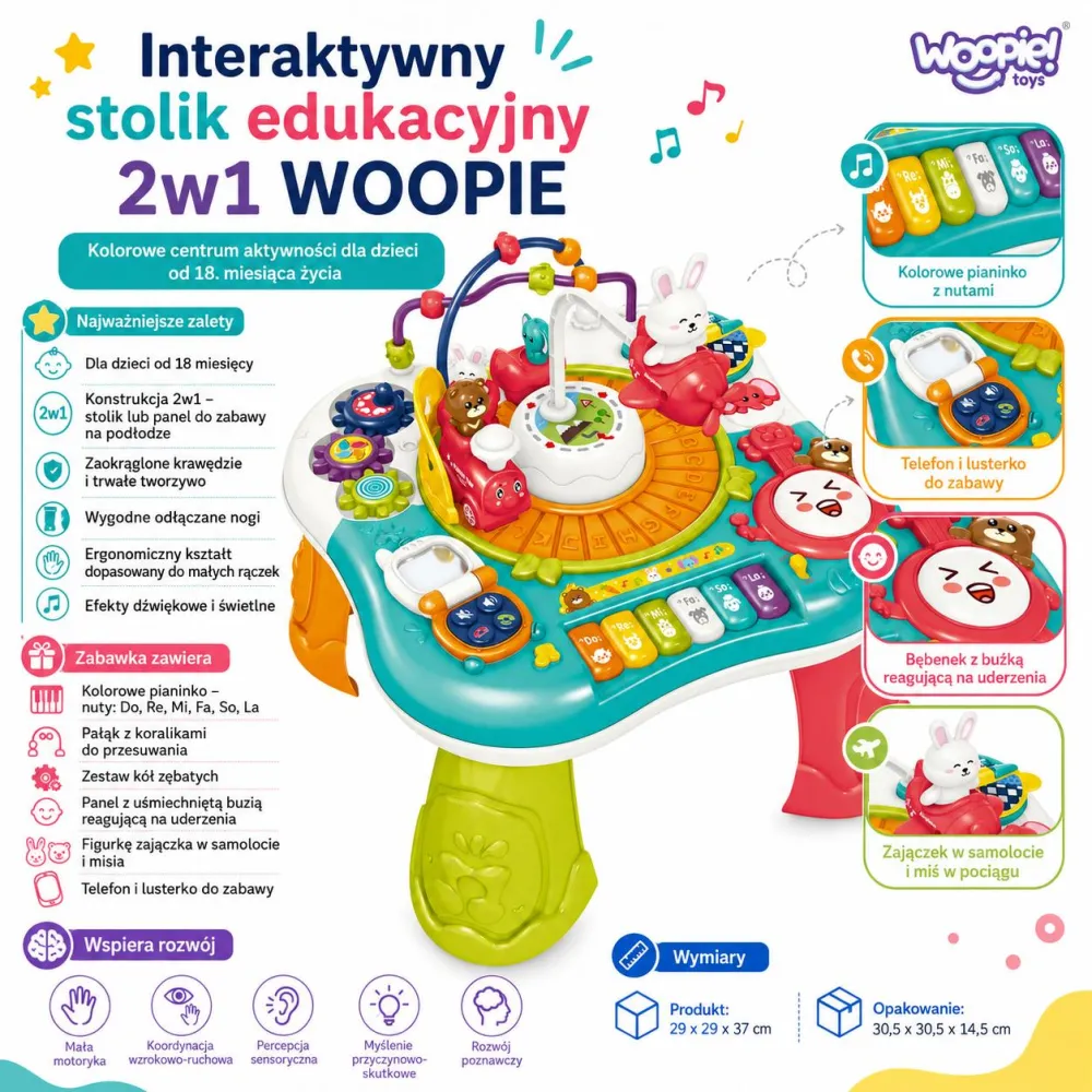 Interaktyvus mokomasis stalas su pianinu su garsais WOOPIE BABY 2-in-1-Žaislai, Kūdikiams, Žaislai mažyliams (iki 4 m.