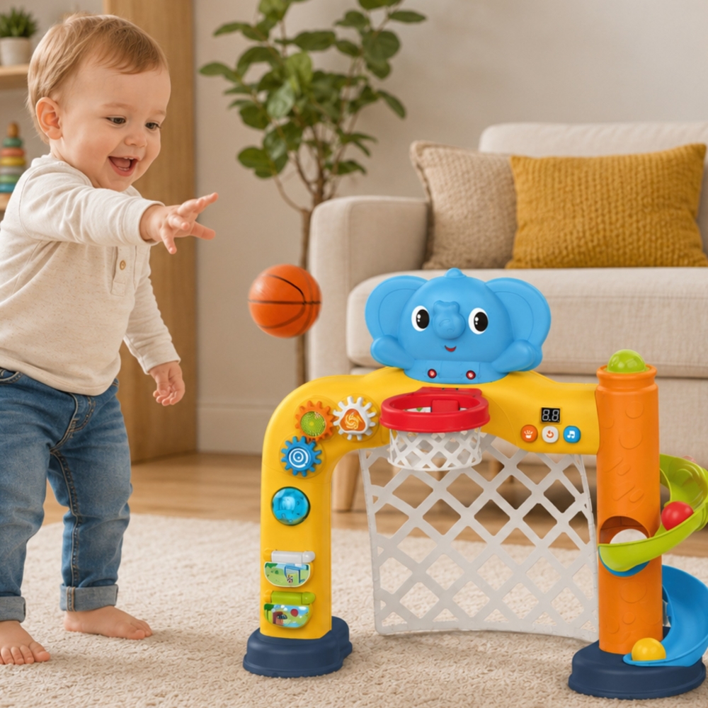 Interaktyvus sporto centras WOOPIE BABY 2in1: vartai ir krepšinio lankas su drambliuku-Žaislai, Kūdikiams, Žaislai mažyliams (ik