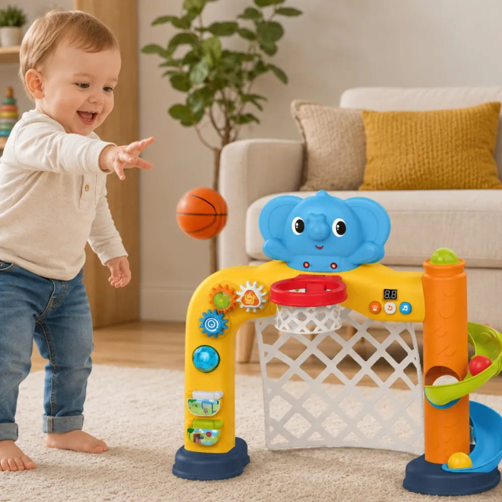 Interaktyvus sporto centras WOOPIE BABY 2in1: vartai ir krepšinio lankas su drambliuku-Žaislai, Kūdikiams, Žaislai mažyliams (ik