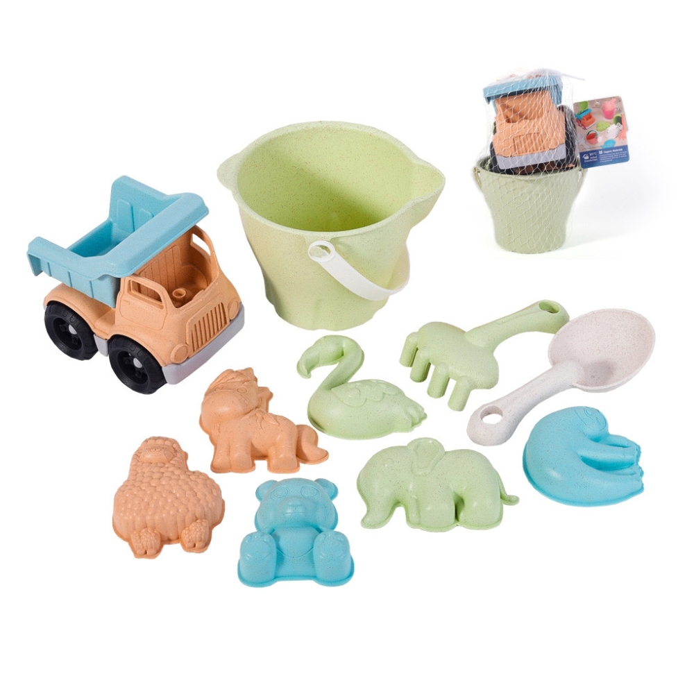 WOOPIE GREEN Sand Bucket Set with Car 11 pcs. BIODEGRADABLE ORGANIC MATERIAL					