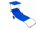 Leżak Plażowy Na Kółkach Ogrodowy Składany Z Daszkiem Aluminiowy Niebieski