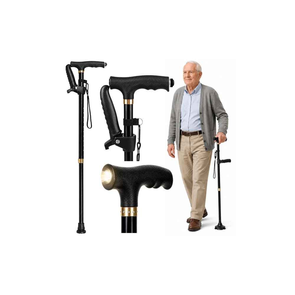 Laska Składana Regulowana Z Latarką LED Dla Seniora Czarna 80-100 cm