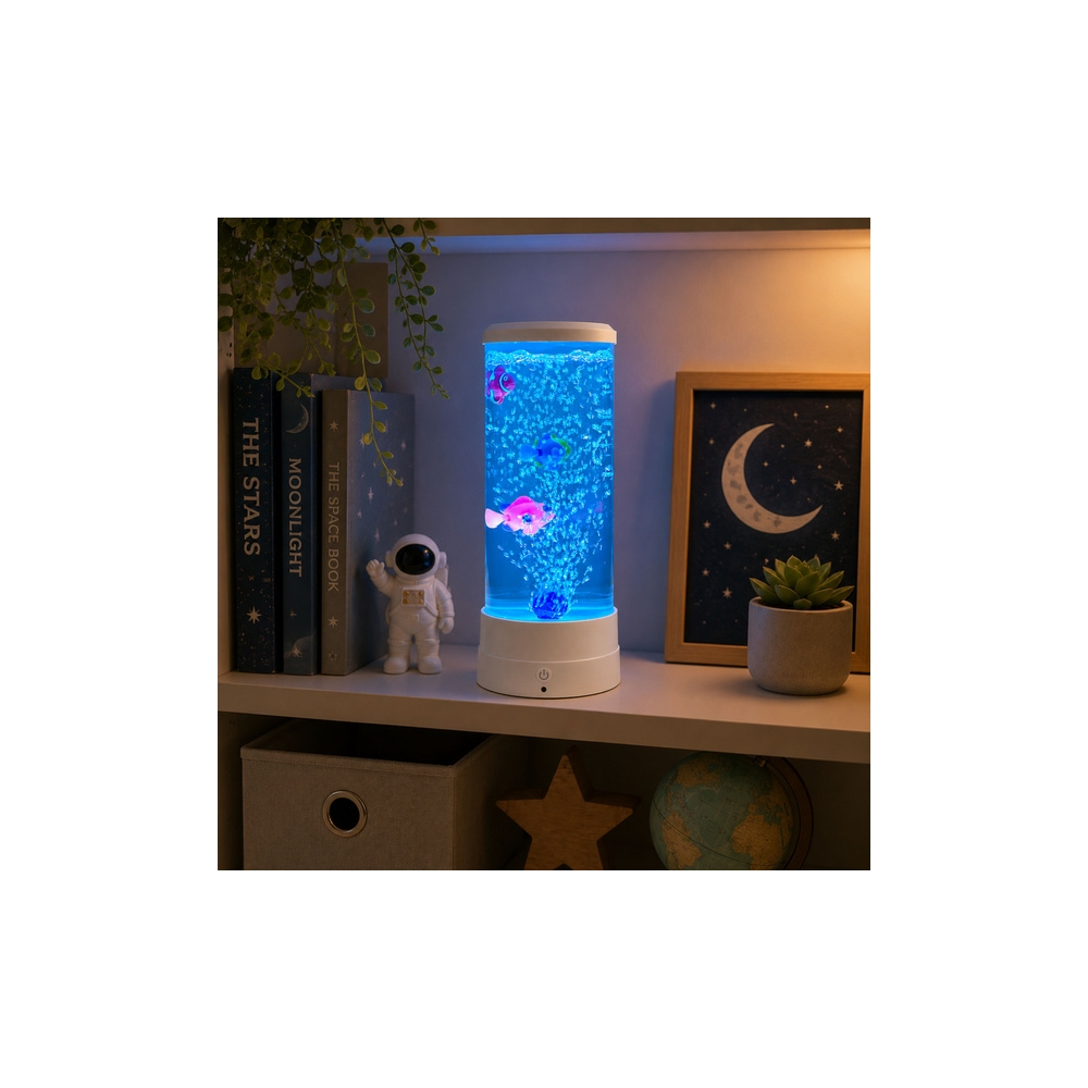 Lampka Nocna Ozdobna LED RGB Akwarium Z Rybkami 16 Kolorów USB Biała