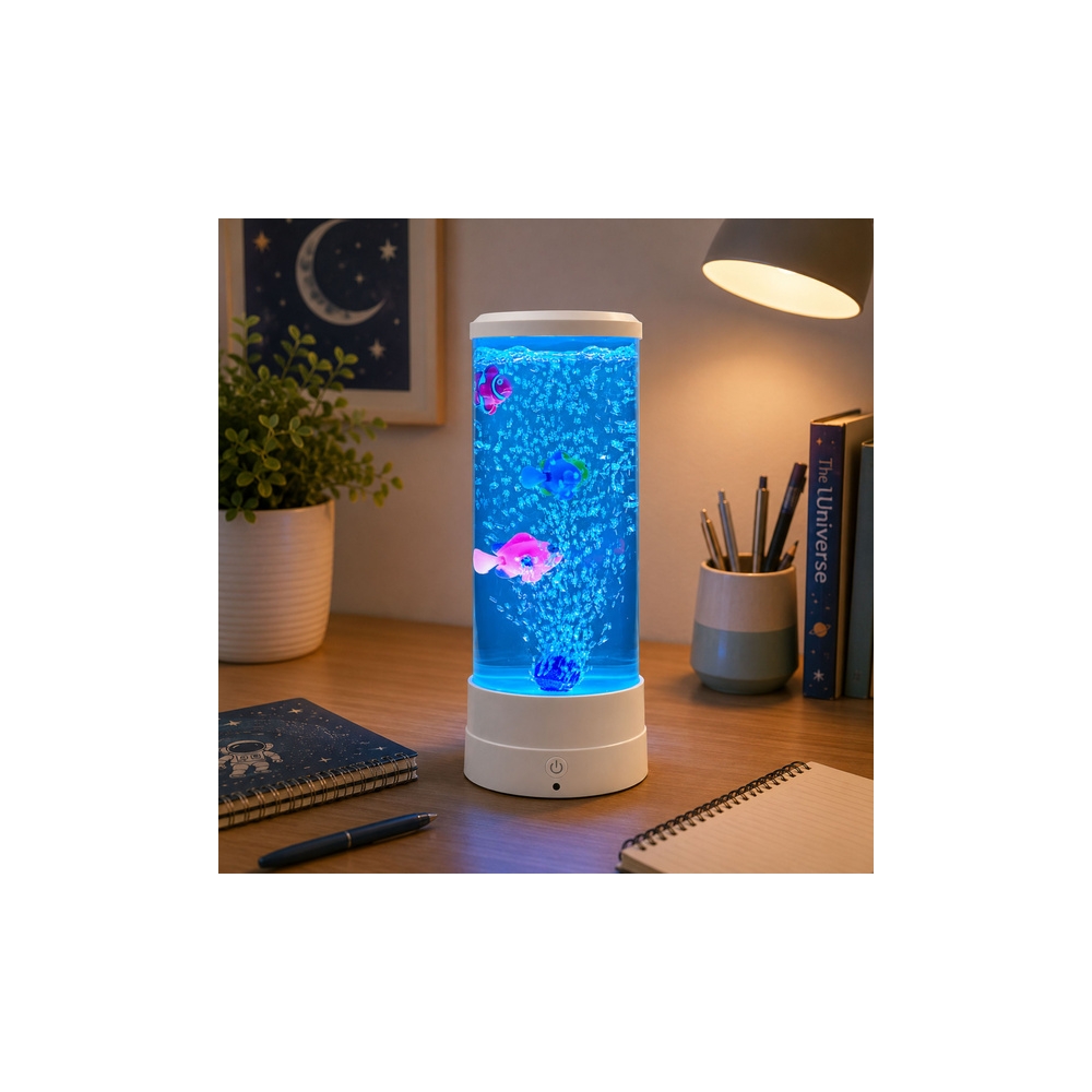 Lampka Nocna Ozdobna LED RGB Akwarium Z Rybkami 16 Kolorów USB Biała