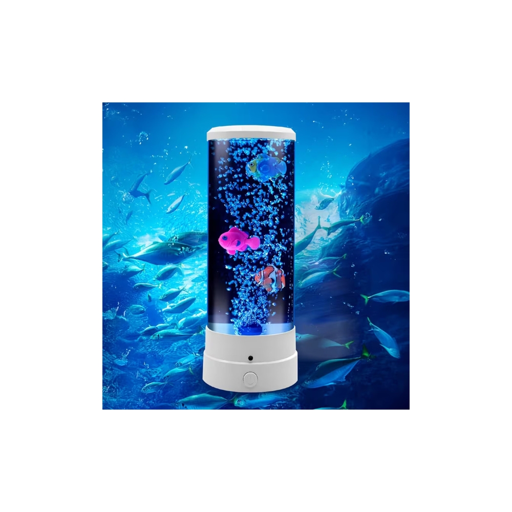 Lampka Nocna Ozdobna LED RGB Akwarium Z Rybkami 16 Kolorów USB Biała