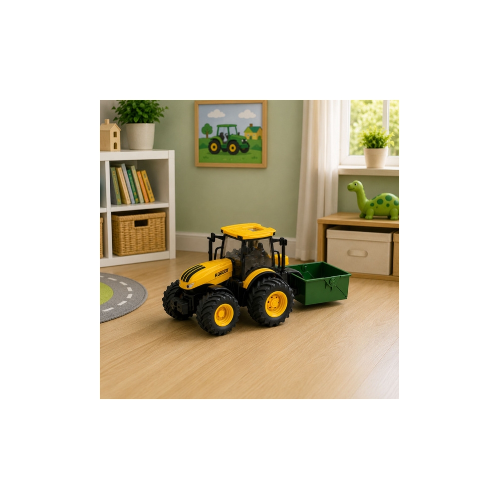 Žemės ūkio traktorius su trąšų barstytuvu, šviesos ir garso efektais, geltonos spalvos, 1:24-Žaislai, Auto ir transporto žaislai
