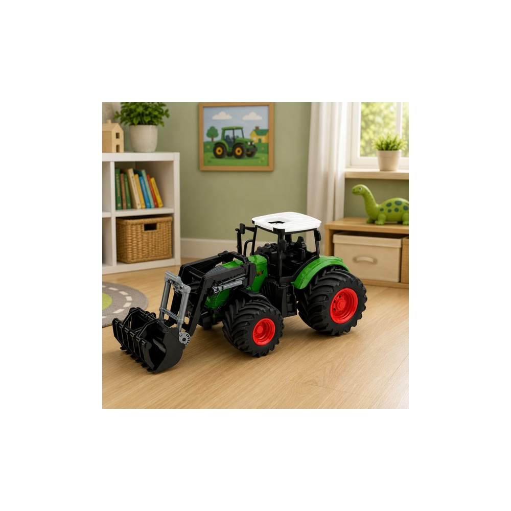 Žemės ūkio traktorius su priekiniu krautuvu, guminiais ratais, žalias, 1:24-Žaislai, Auto ir transporto žaislai, Traktoriai-e-va