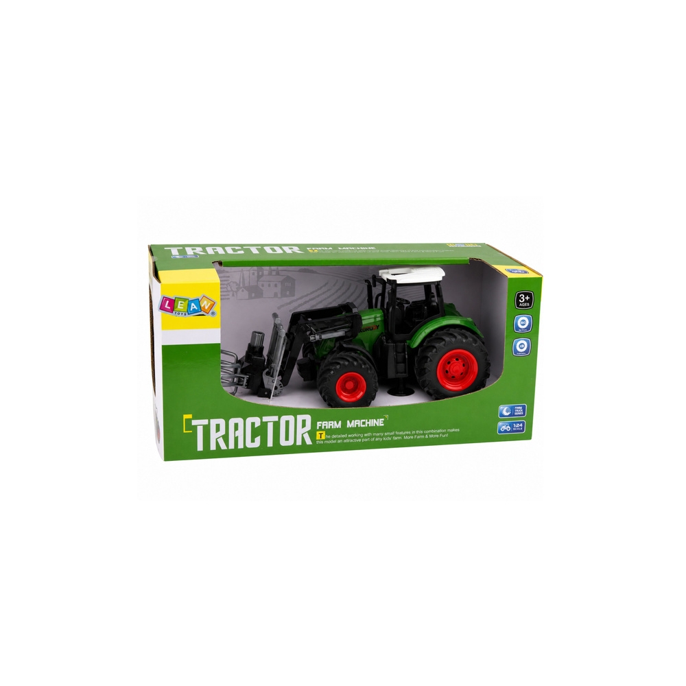 Žemės ūkio traktorius su griebtuvu, skirtas dirvų kultivatoriui, su guminiais ratais, žalias, 1:24-Žaislai, Auto ir transporto ž