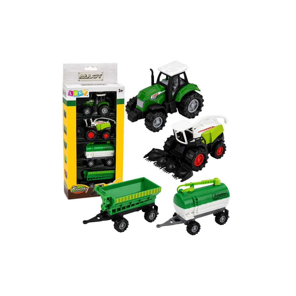 Žemės ūkio transporto priemonių rinkinys: traktorius, šienapjovė, autocisterna, trąšų barstytuvas, 1:68, 4 vnt.