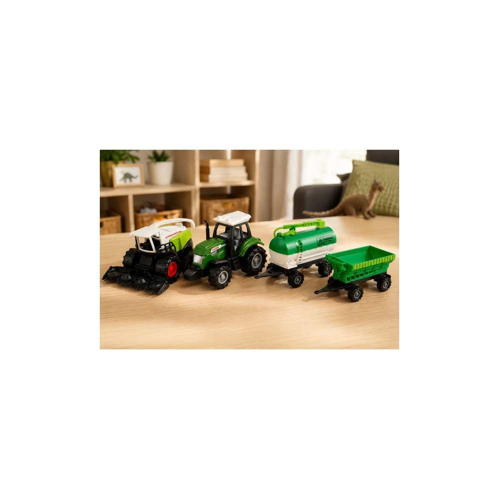 Žemės ūkio transporto priemonių rinkinys: traktorius, šienapjovė, autocisterna, trąšų barstytuvas, 1:68, 4 vnt.