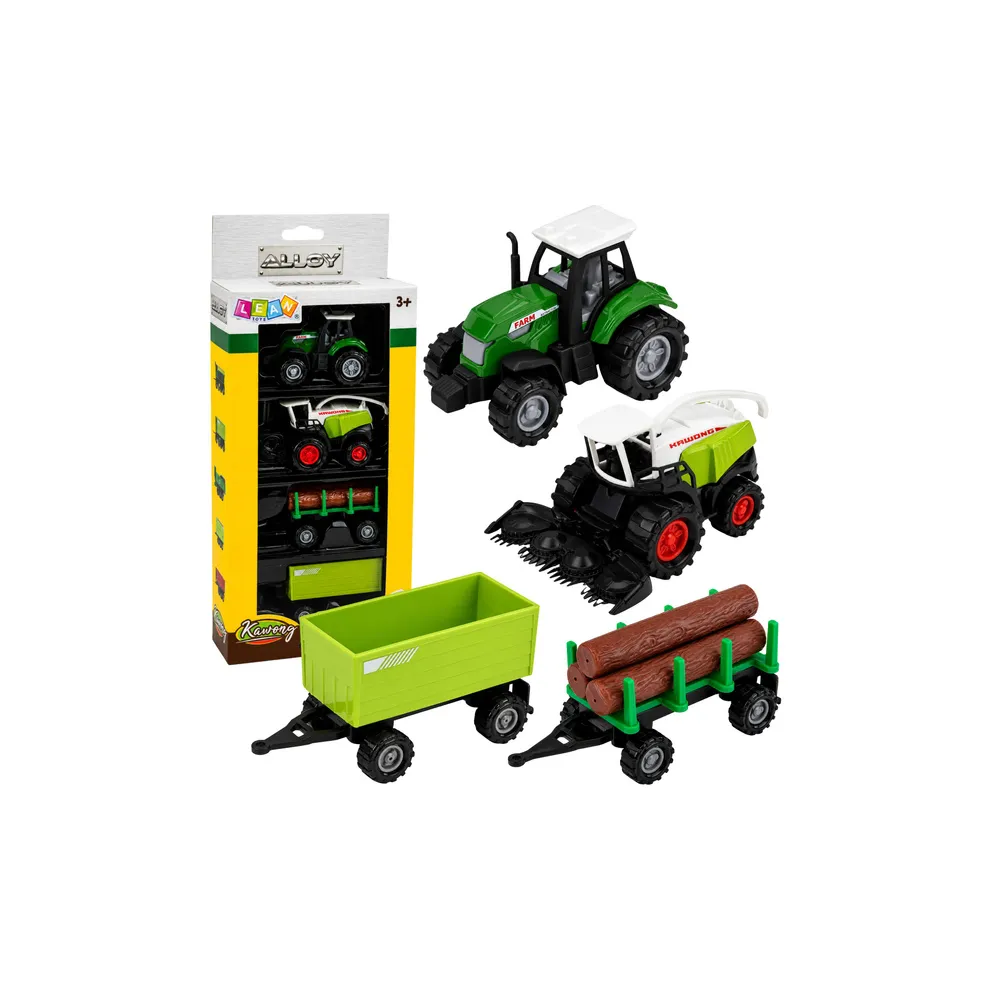 Žemės ūkio transporto priemonių rinkinys: traktorius, šienapjovė, medienos priekaba, mastelis 1:68, 4 vnt.