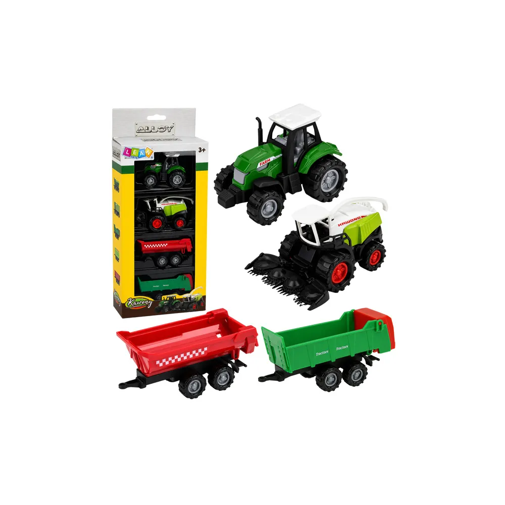 Žemės ūkio transporto priemonių rinkinys: traktorius, šienapjovė, priekabos, transportas, mastelis 1:68, 4 vnt.