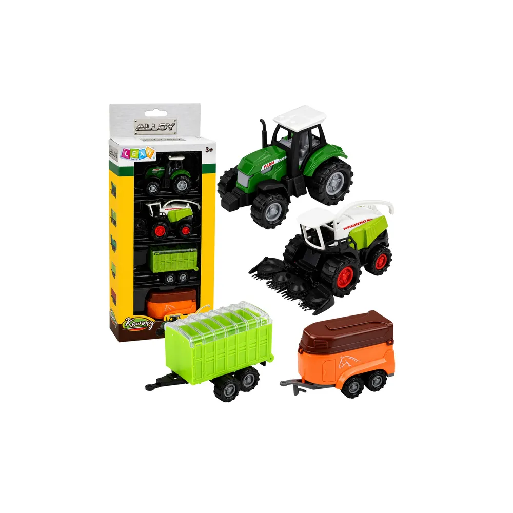 Žemės ūkio transporto priemonių rinkinys: traktorius, šienapjovė, priekabos, mastelis 1:68, 4 vnt.