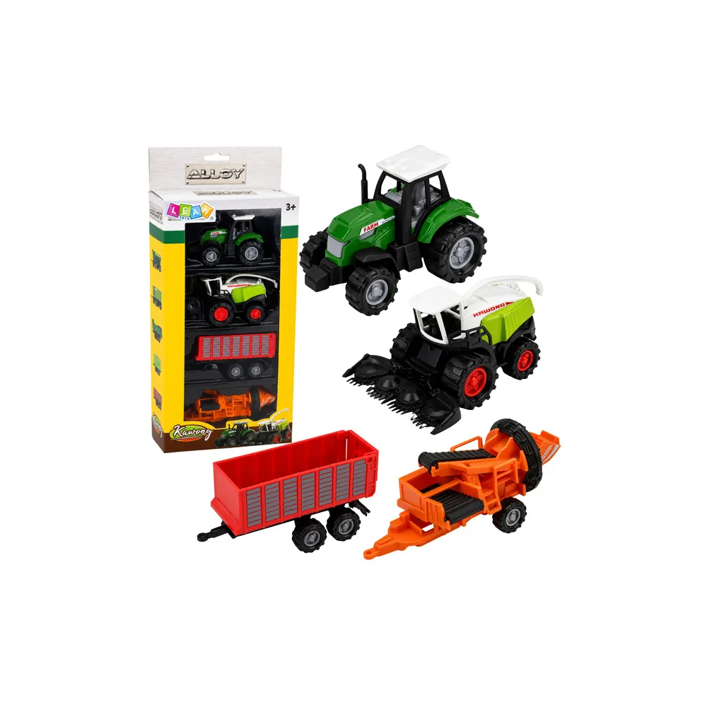 Žemės ūkio transporto priemonių rinkinys: traktorius, šienapjovė, priekaba, presas, mastelis 1:68, 4 vnt.