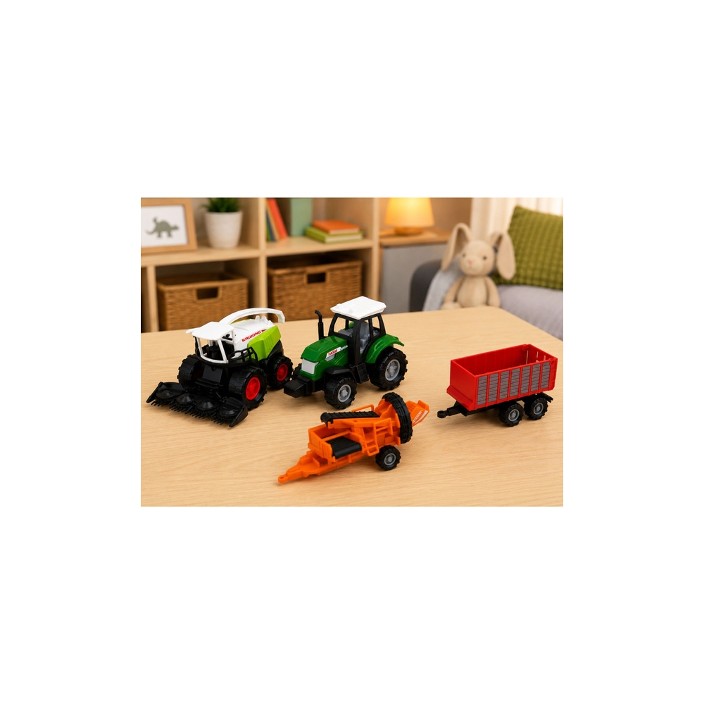 Žemės ūkio transporto priemonių rinkinys: traktorius, šienapjovė, priekaba, presas, mastelis 1:68, 4 vnt.