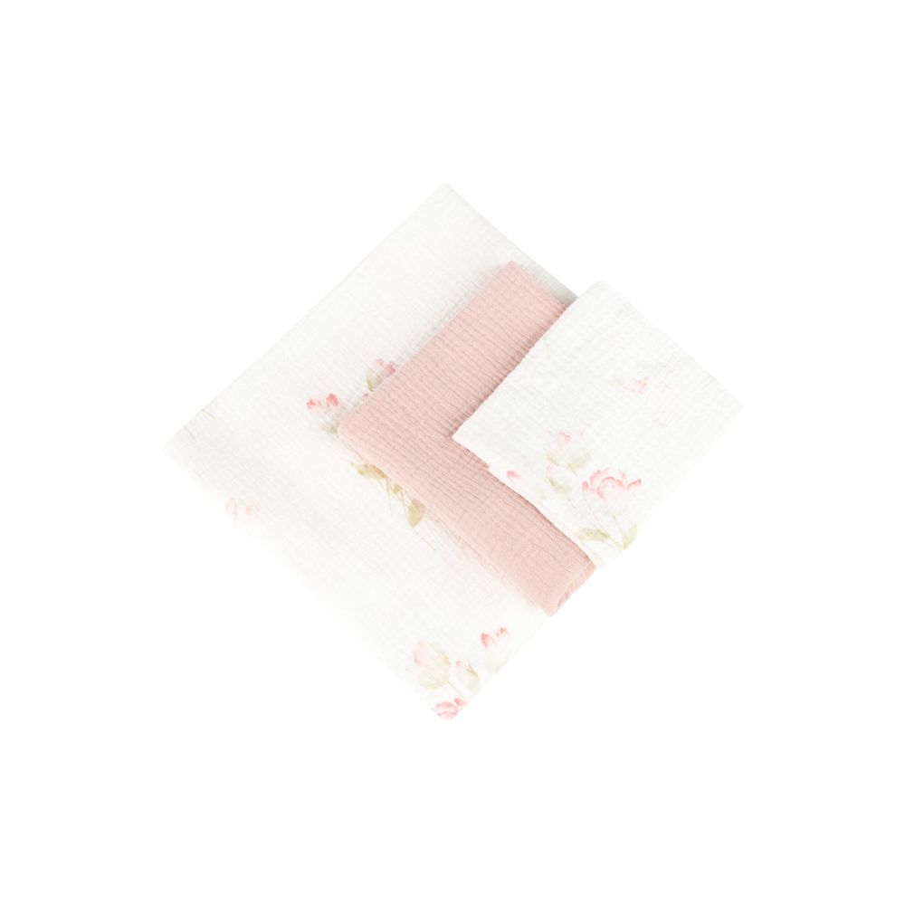 TRIO PIELUCH MUŚLIN KRESZOWANY 120X120, 70X60, 30X35 3 SZT FLOWERS PINK