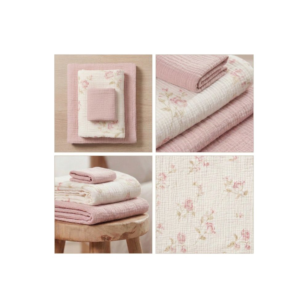 TRIO PIELUCH MUŚLIN KRESZOWANY 120X120, 70X60, 30X35 3 SZT FLOWERS PINK