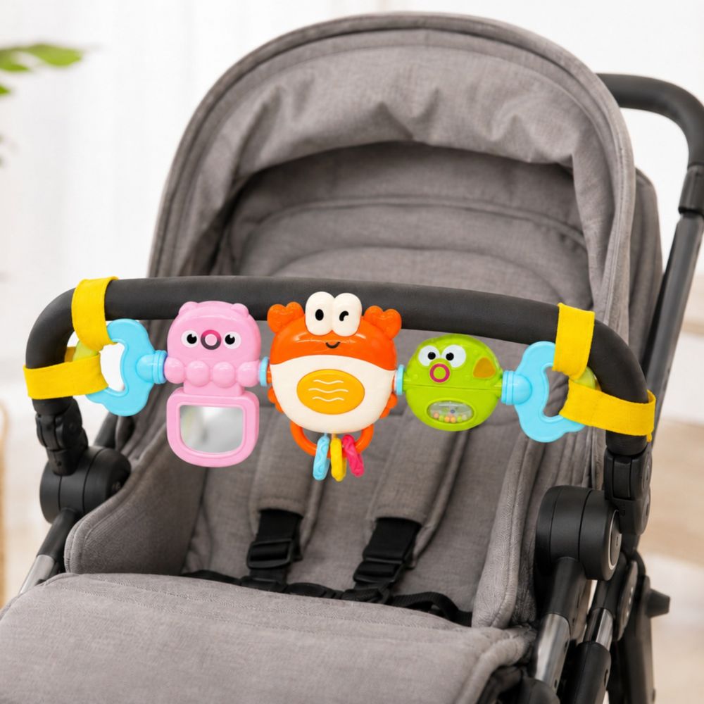 Pakabukas vežimėliui ar lovelei WOOPIE BABY sensorinis žaislas: krabas, veidrodis, žuvis, nuo 6 mėn.