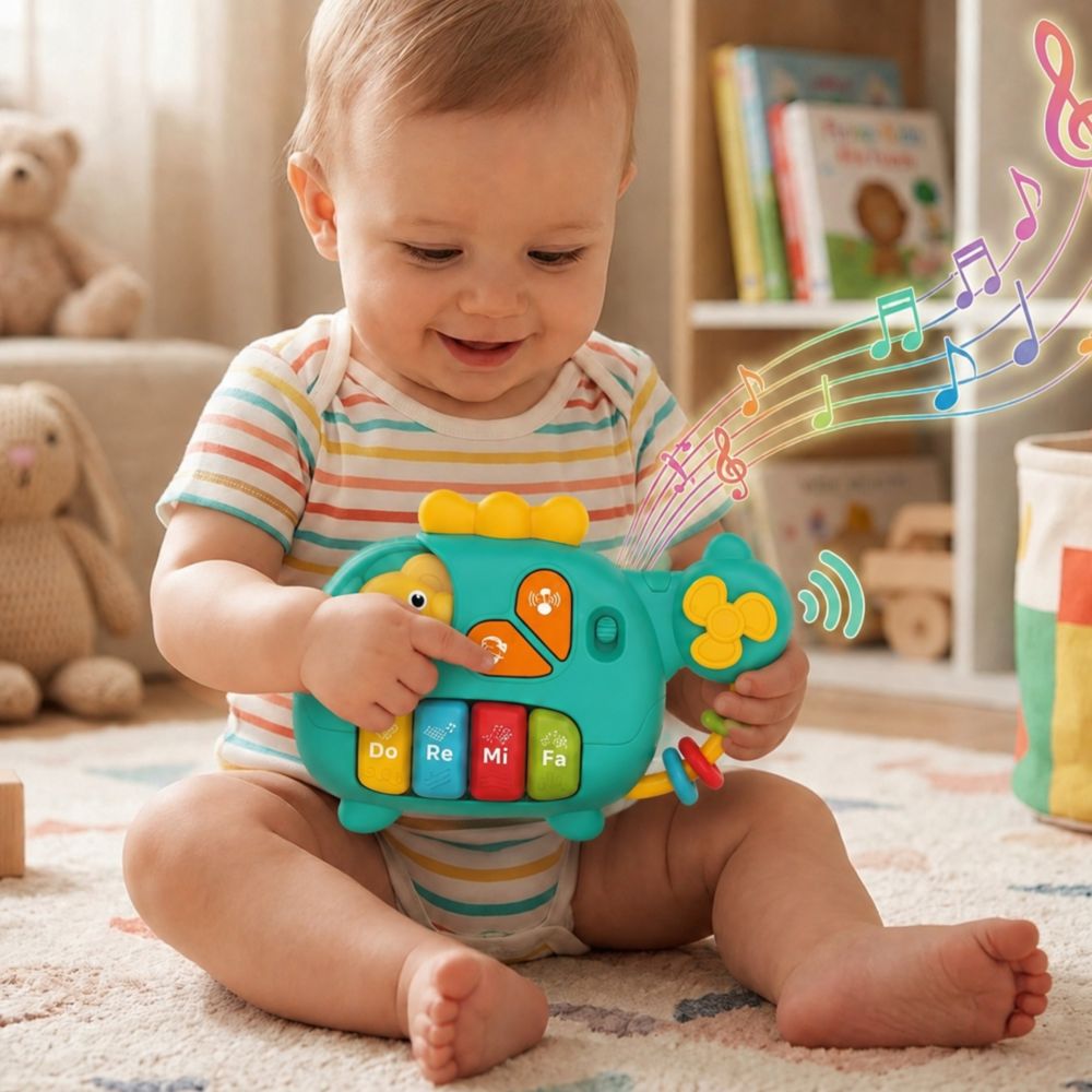 Interaktyvus pianinas WOOPIE BABY sraigtasparnis - dramblys su muzikiniais garsais, nuo 18 mėn.
