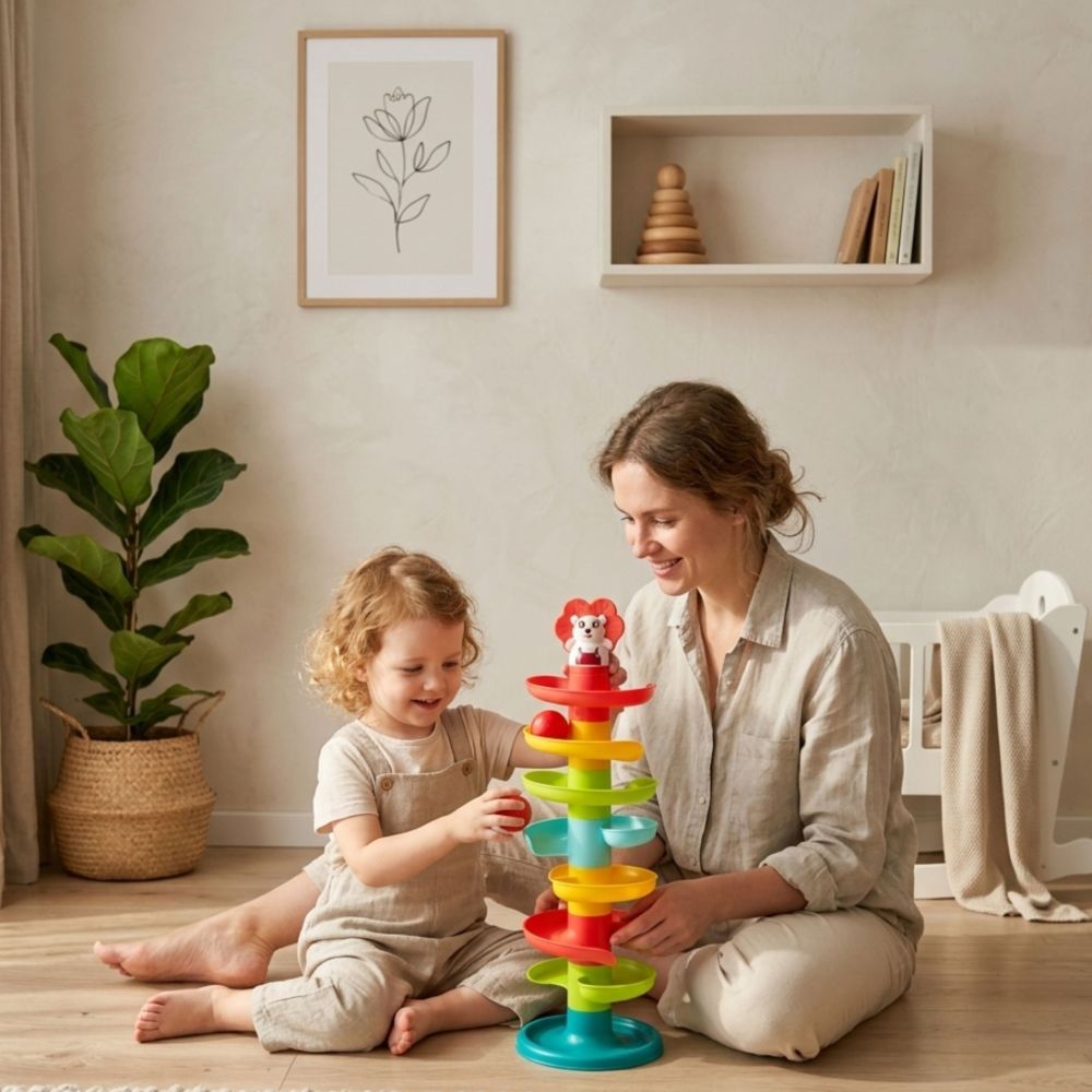 Spiralinis bokštas WOOPIE BABY kamuoliukų trasos rinkinys + 6 rutuliai