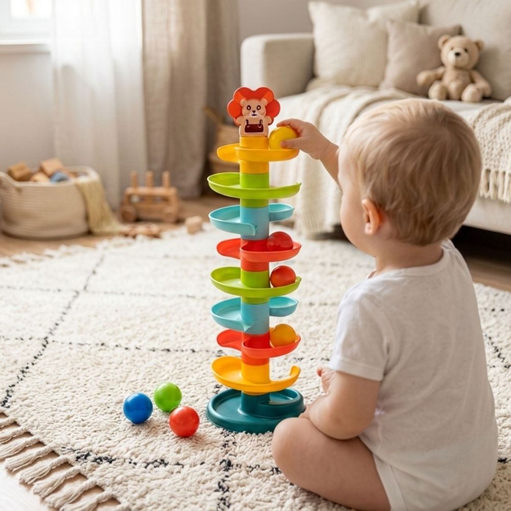 Spiralinis bokštas WOOPIE BABY kamuoliukų trasos rinkinys + 6 rutuliai