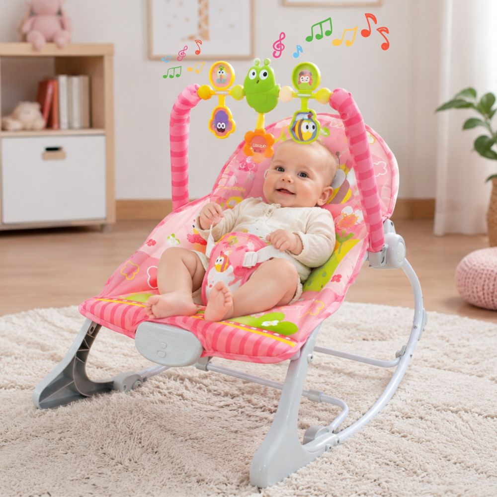 Interaktyvios vibruojančios sūpynės WOOPIE BABY su žaislų lankeliu, rožinė