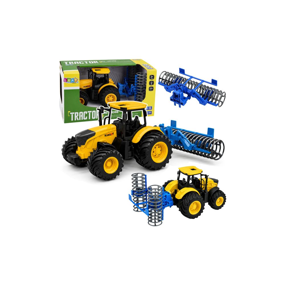 Traktor Rolniczy Farmerski z Wałem Uprawowym Światła Dźwięki Żółty 1:24