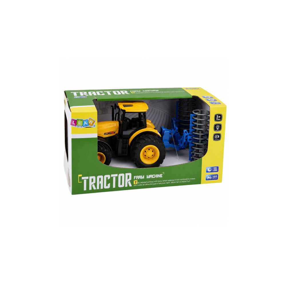 Traktor Rolniczy Farmerski z Wałem Uprawowym Światła Dźwięki Żółty 1:24