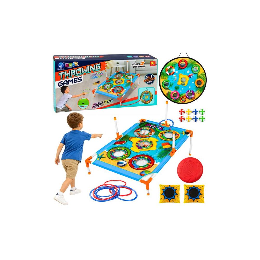 Gra Zręcznościowa Rzut do Celu 4w1 Tarcza Plansza Woreczki Obręcze Frisbee