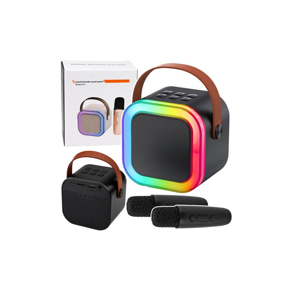 Zestaw Do Karaoke Głośnik Bluetooth Dwa Mikrofony Światła LED Czarny