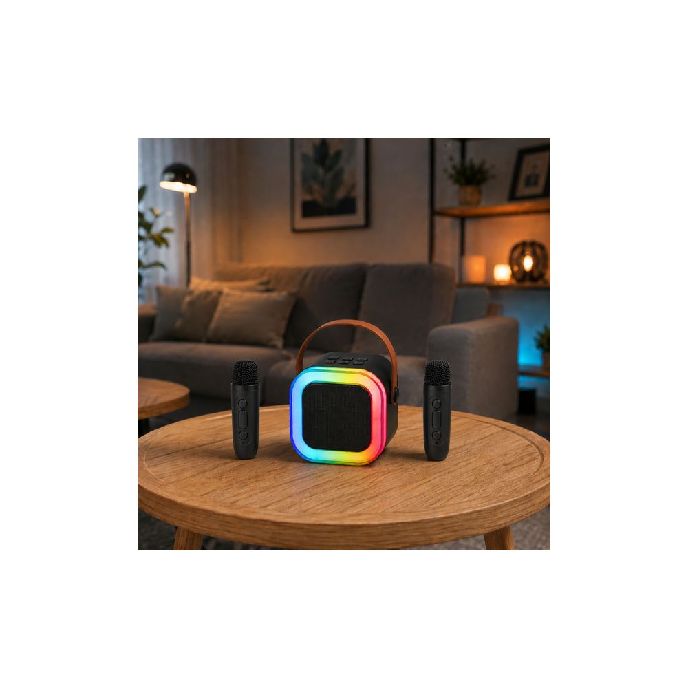 Zestaw Do Karaoke Głośnik Bluetooth Dwa Mikrofony Światła LED Czarny