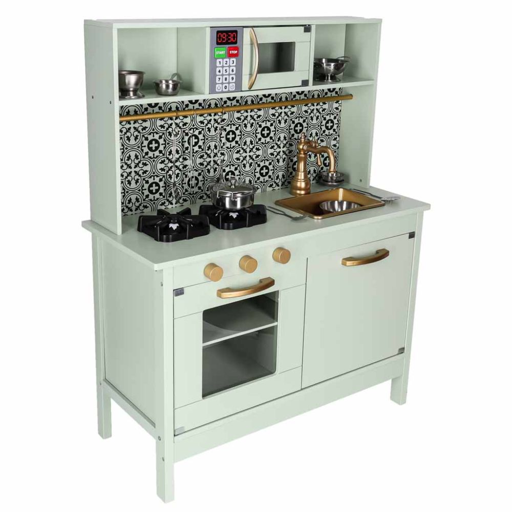 Vaikiška virtuvėlė iš medinės MDF plokštės su priedais, garsais, mėtų sp.