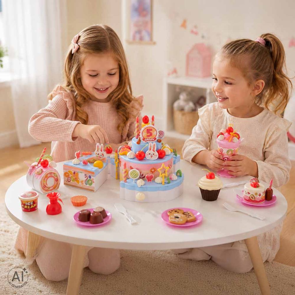 Trijų aukštų gimtadienio tortas pjaustymui, 117 el., mėlyna/rožinė sp.