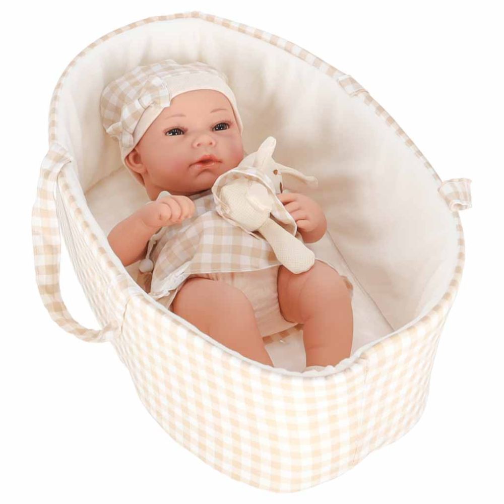 Lėlė kūdikis su nešiokle ir priedais, 38 cm, balta/smėlio sp.