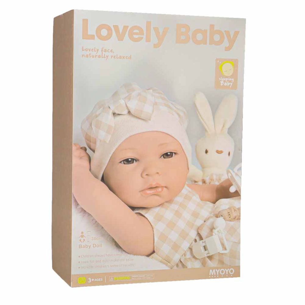 Lėlė kūdikis su nešiokle ir priedais, 38 cm, balta/smėlio sp.