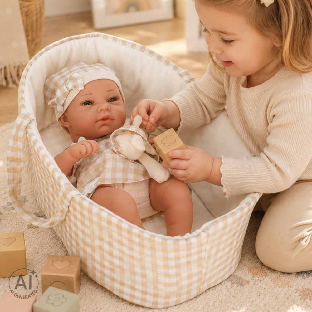 Lėlė kūdikis su nešiokle ir priedais, 38 cm