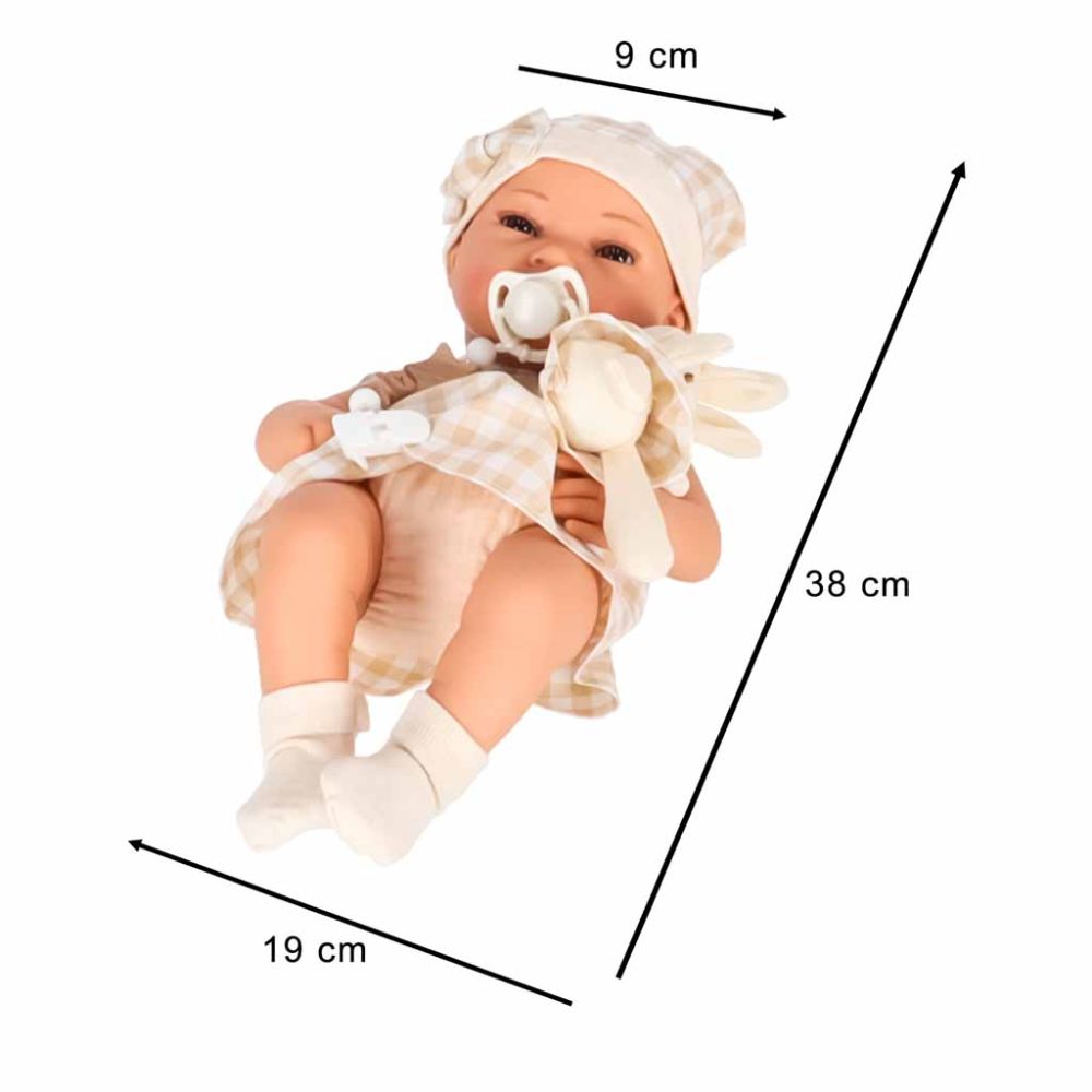 Lėlė kūdikis su nešiokle ir priedais, 38 cm, balta/smėlio sp.