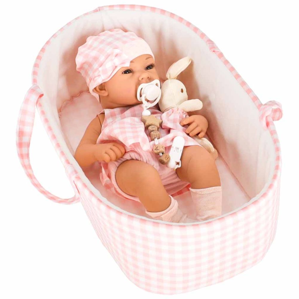 Lėlė kūdikis su nešiokle ir priedais, 38 cm, balta/rožinė sp.