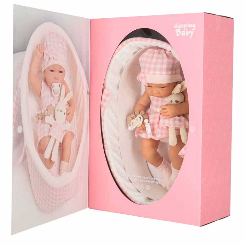Lėlė kūdikis su nešiokle ir priedais, 38 cm, balta/rožinė sp.