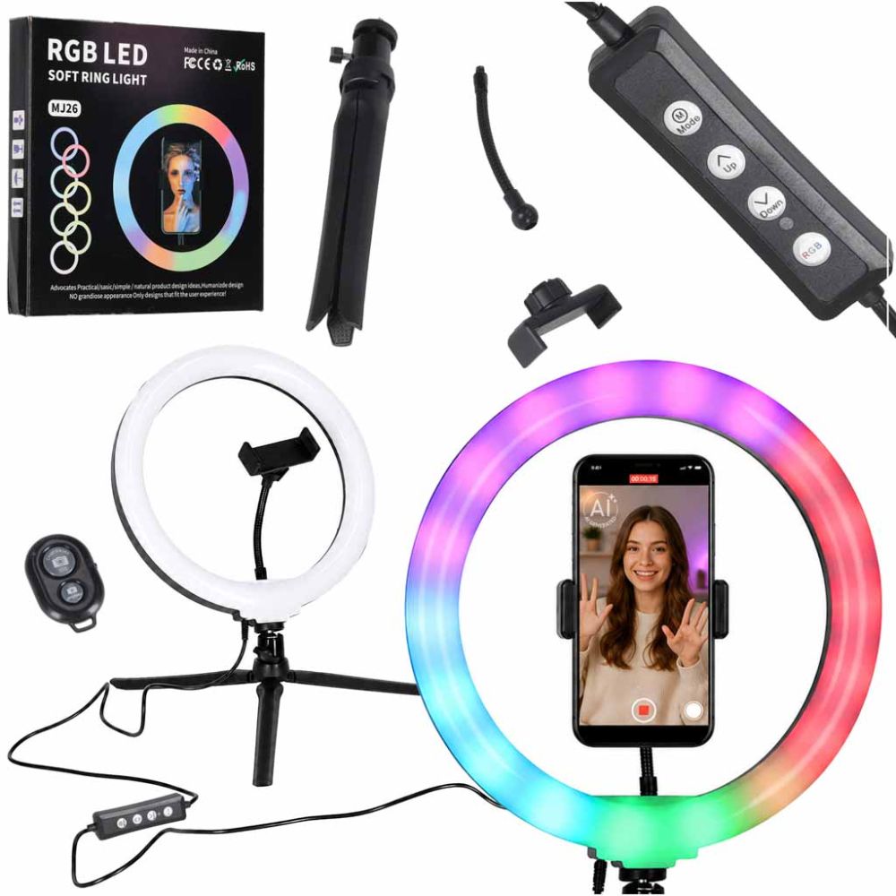 Žiedinė LED RGB lempa su reguliuojama baltos šviesos temperatūra (2600–6000 K) ir pulteliu