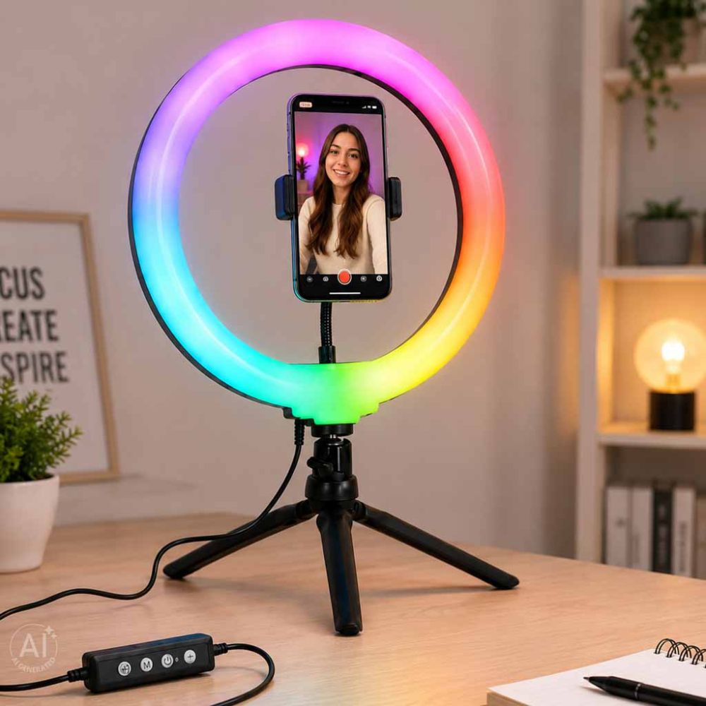 Žiedinė LED RGB lempa su reguliuojama baltos šviesos temperatūra (2600–6000 K) ir pulteliu