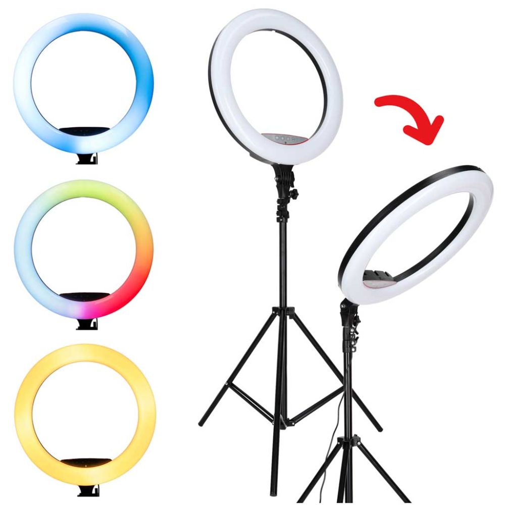 Žiedinė LED RGB lempa ant reguliuojamo trikojo su reguliuojama spalvos temperatūra 2700–7000 K ir telefono laikikliu