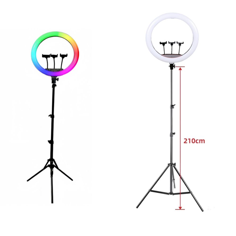 Žiedinė LED RGB lempa ant reguliuojamo trikojo su reguliuojama spalvos temperatūra 2700–7000 K ir telefono laikikliu