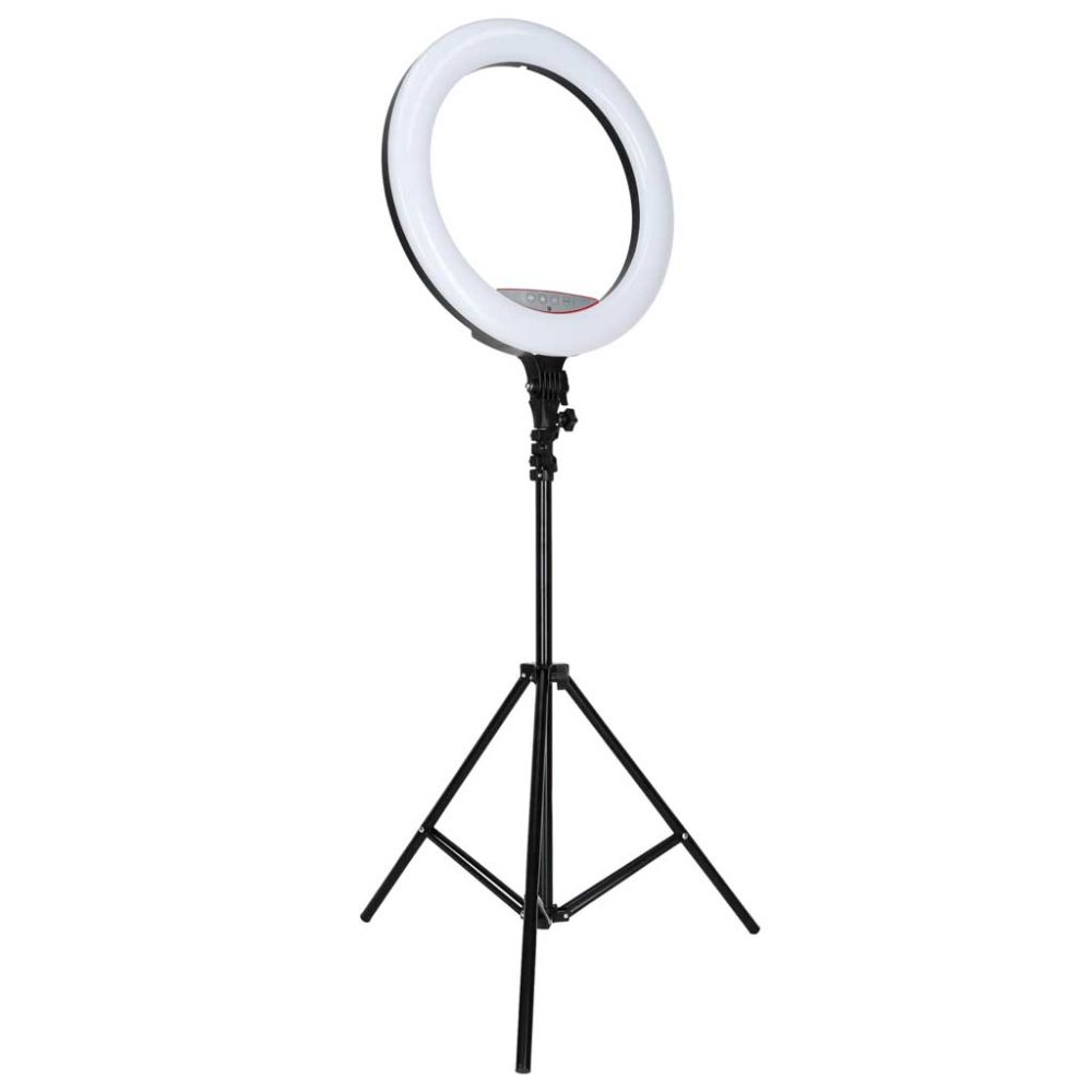 Žiedinė LED RGB lempa ant reguliuojamo trikojo su reguliuojama spalvos temperatūra 2700–7000 K ir telefono laikikliu
