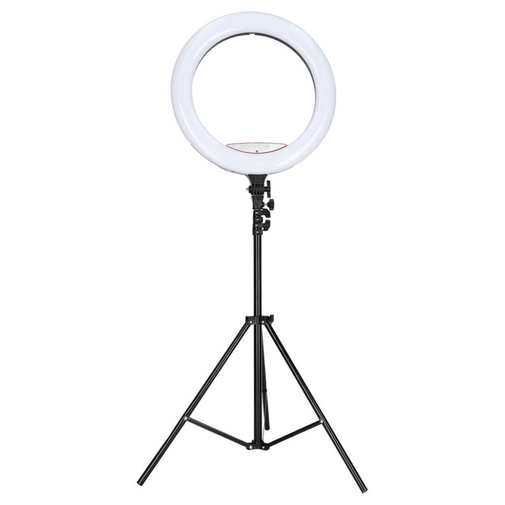 Žiedinė LED RGB lempa ant reguliuojamo trikojo su reguliuojama spalvos temperatūra 2700–7000 K ir telefono laikikliu