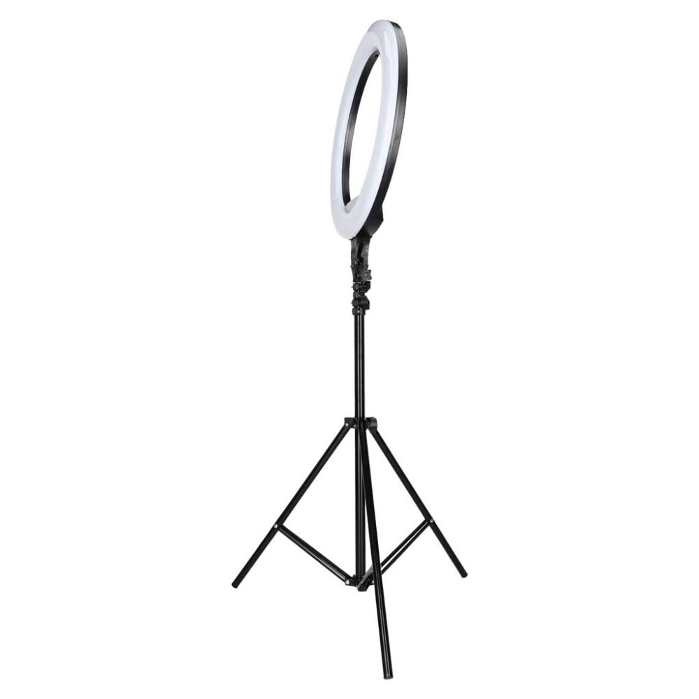 Žiedinė LED RGB lempa ant reguliuojamo trikojo su reguliuojama spalvos temperatūra 2700–7000 K ir telefono laikikliu