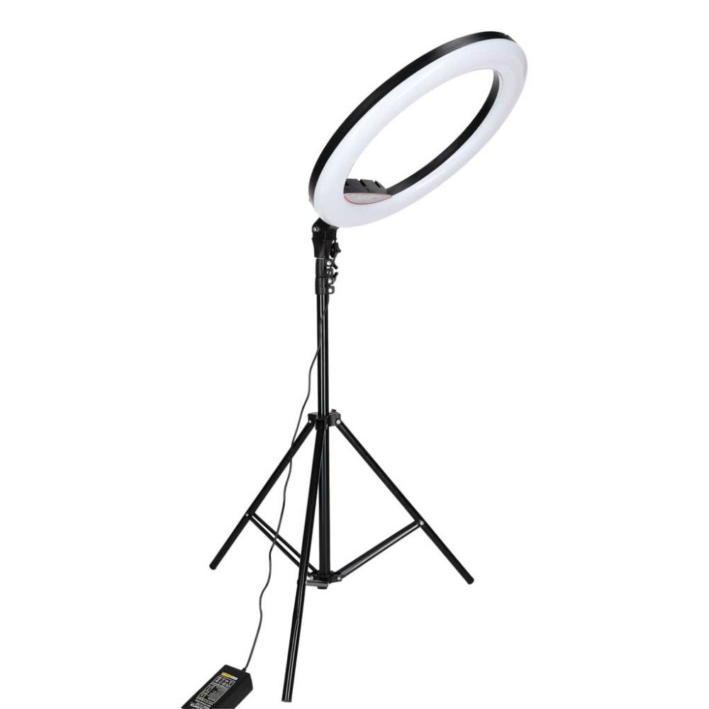 Žiedinė LED RGB lempa ant reguliuojamo trikojo su reguliuojama spalvos temperatūra 2700–7000 K ir telefono laikikliu