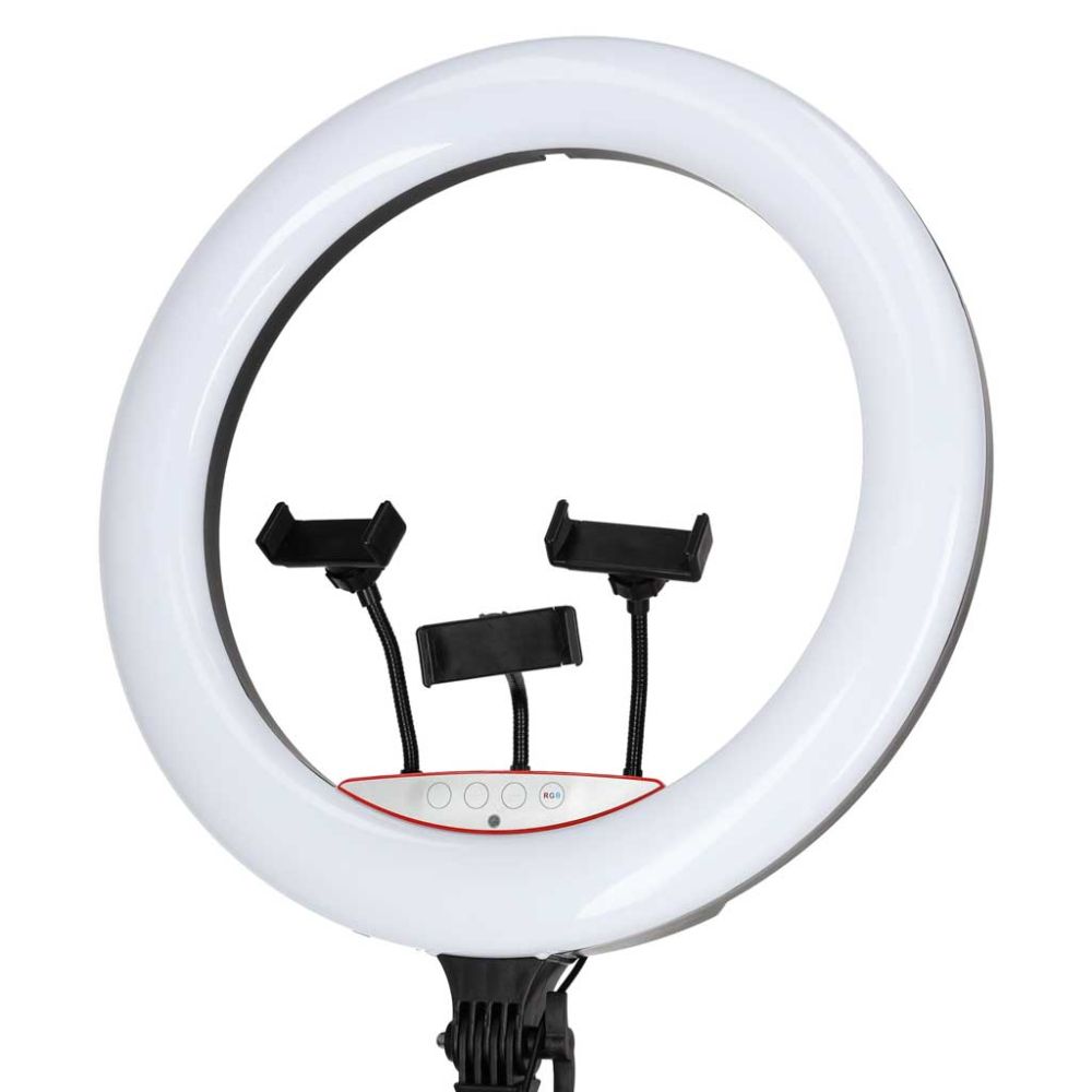 Žiedinė LED RGB lempa ant reguliuojamo trikojo su reguliuojama spalvos temperatūra 2700–7000 K ir telefono laikikliu